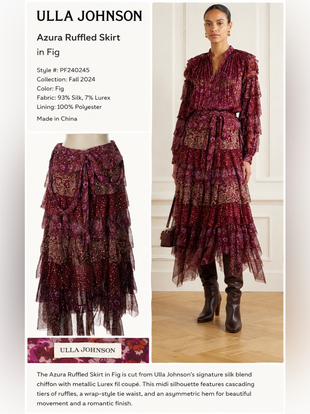 Ulla Johnson Silk Floral Tiered Ruffle Midi Skirt Burgundy Purple - Picture 6 of 6